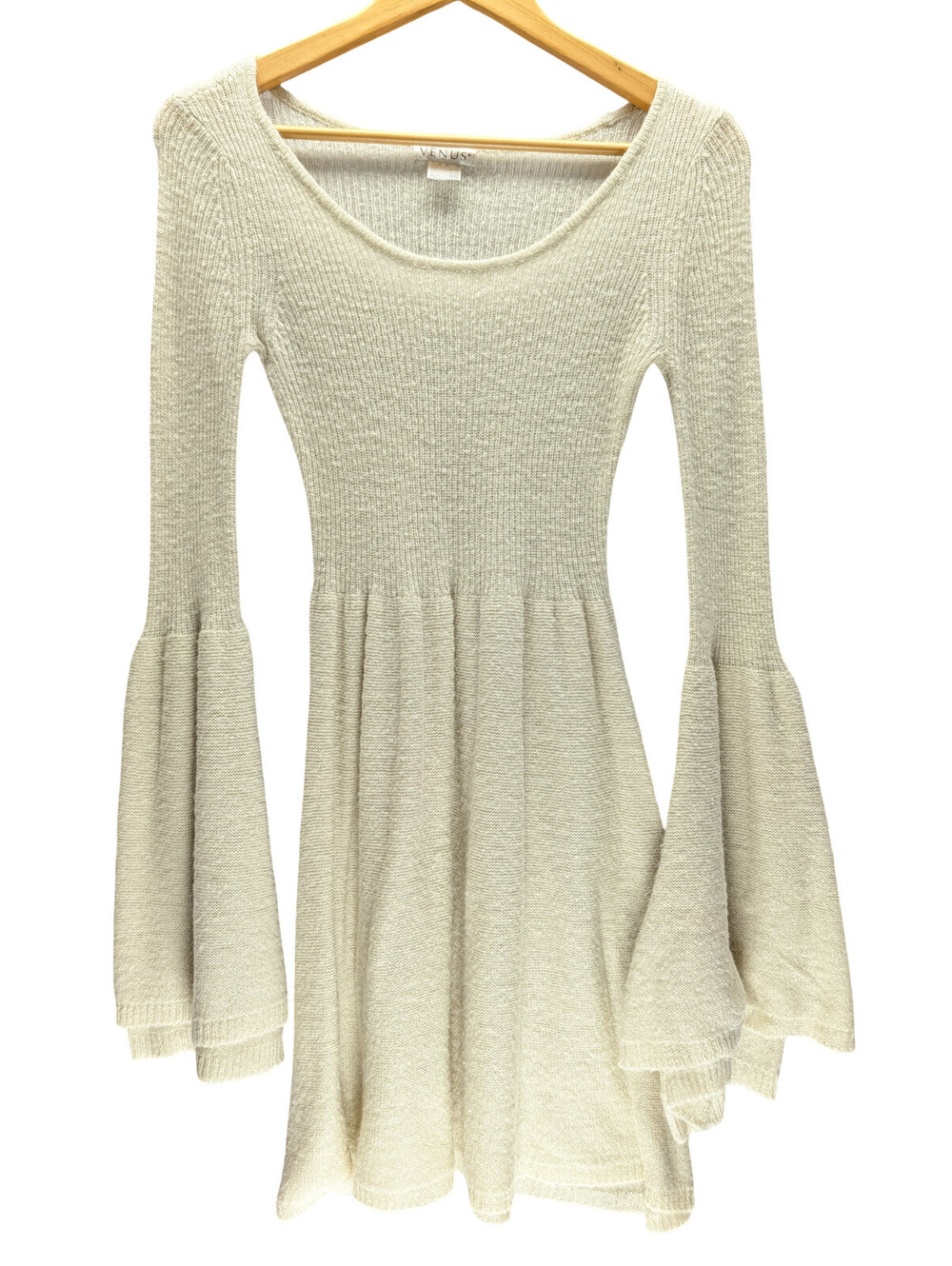 Venus Sweater Dress Women Bell Sleeve Ribbed Knit Cream